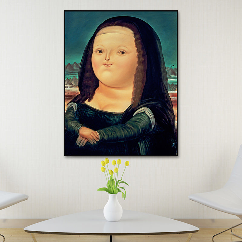 Mona Lisa Smile Canvas Art Cartoon Cute Figure Painting Wall Decor in Black and Blue