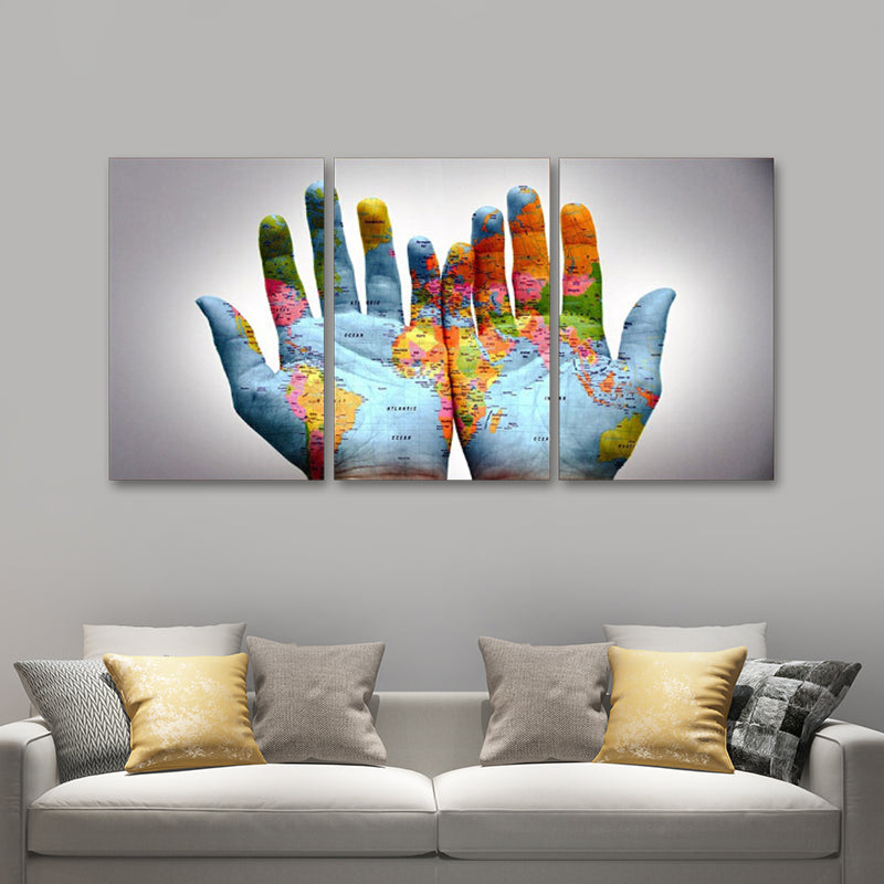 Photography World Map Hands Art Print for Meeting Room, Blue and White, Set of 3