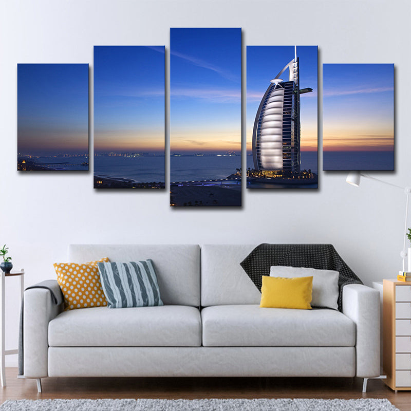Landmark Wall Art Decor for Room Burj Al Arab Hotel at Sunset Canvas in Blue, Multi-Piece