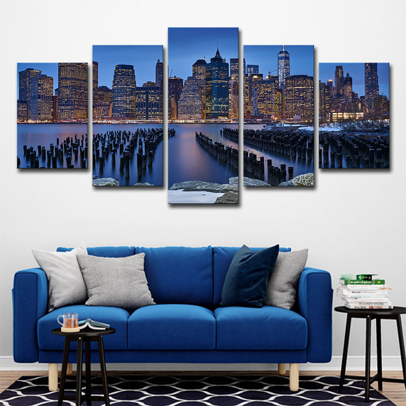 Manhattan Night View Wall Art Decor Blue Contemporary Canvas Print for Living Room