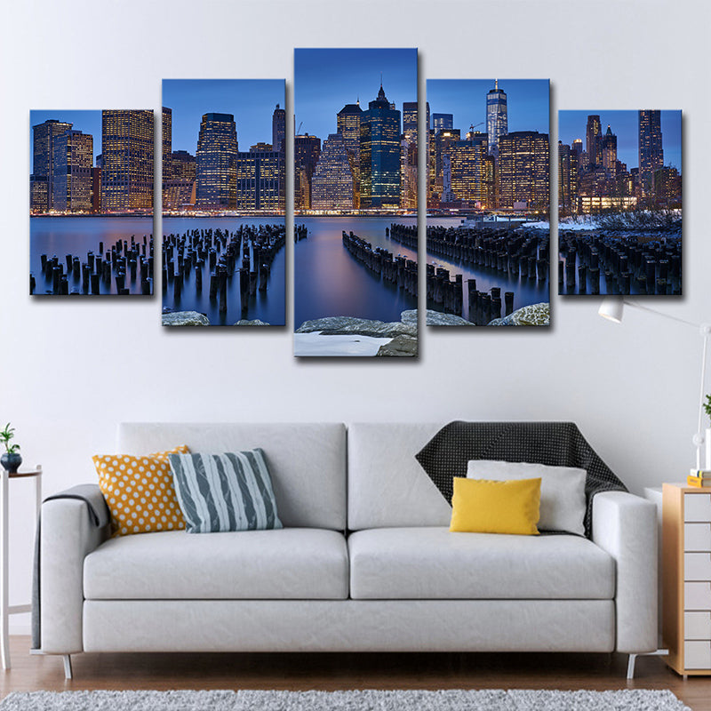 Manhattan Night View Wall Art Decor Blue Contemporary Canvas Print for Living Room