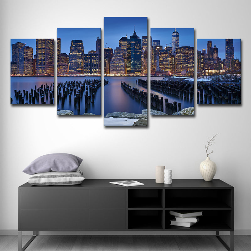 Manhattan Night View Wall Art Decor Blue Contemporary Canvas Print for Living Room