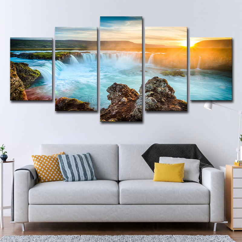 Amazing Iceland Cascades Canvas Art House Interior Sunset Landscape Wall Decor in Blue