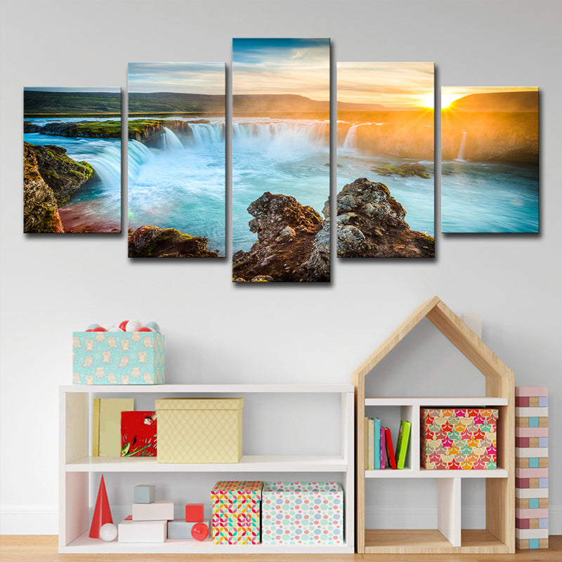 Amazing Iceland Cascades Canvas Art House Interior Sunset Landscape Wall Decor in Blue