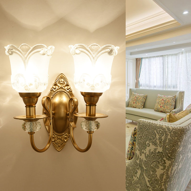 Frosted Glass Petal Wall Lamp 1/2 Light Contemporary Sconce Lighting with Crystal Deco and Carved Backplate in Gold