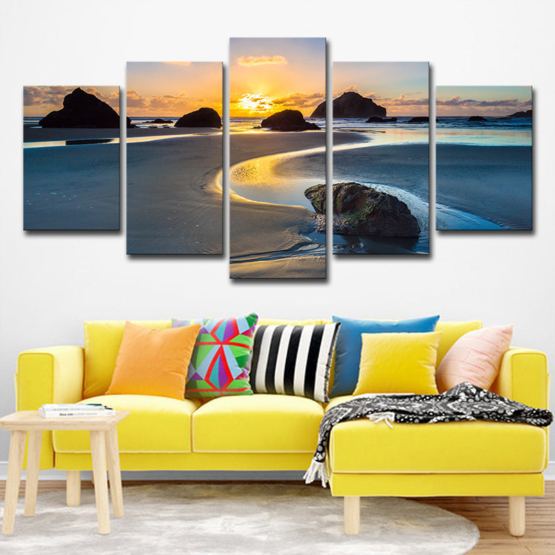 Sundown Rock Seashore Wall Art Yellow Tropical Canvas Print for Sitting Room, Multi-Piece