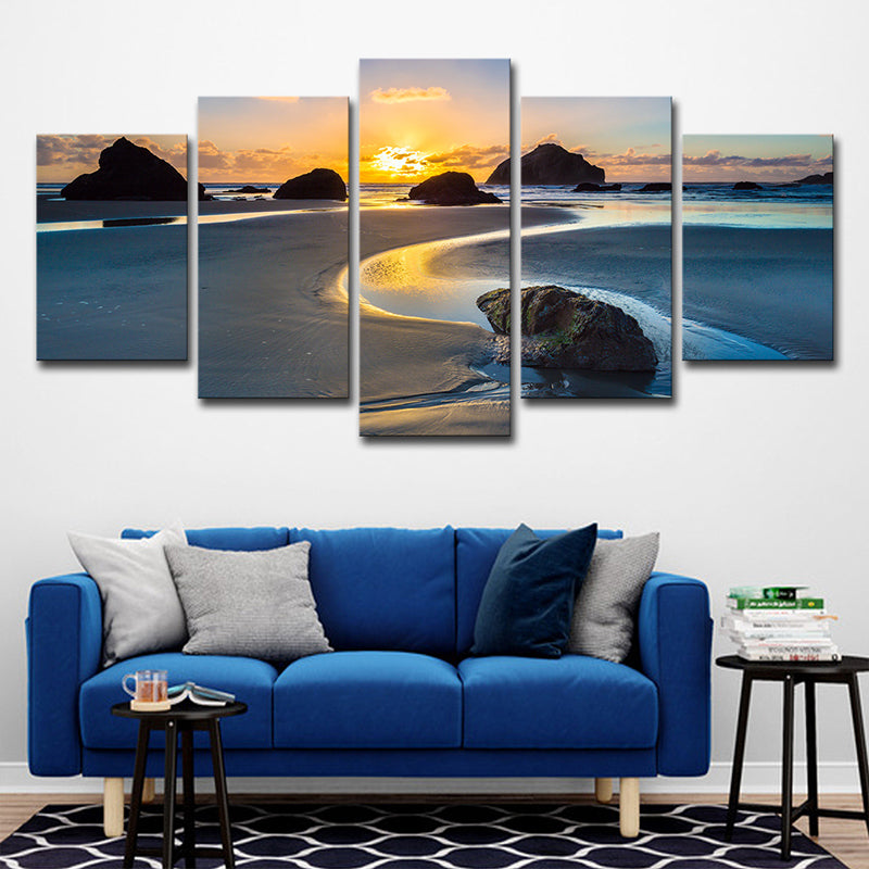 Sundown Rock Seashore Wall Art Yellow Tropical Canvas Print for Sitting Room, Multi-Piece