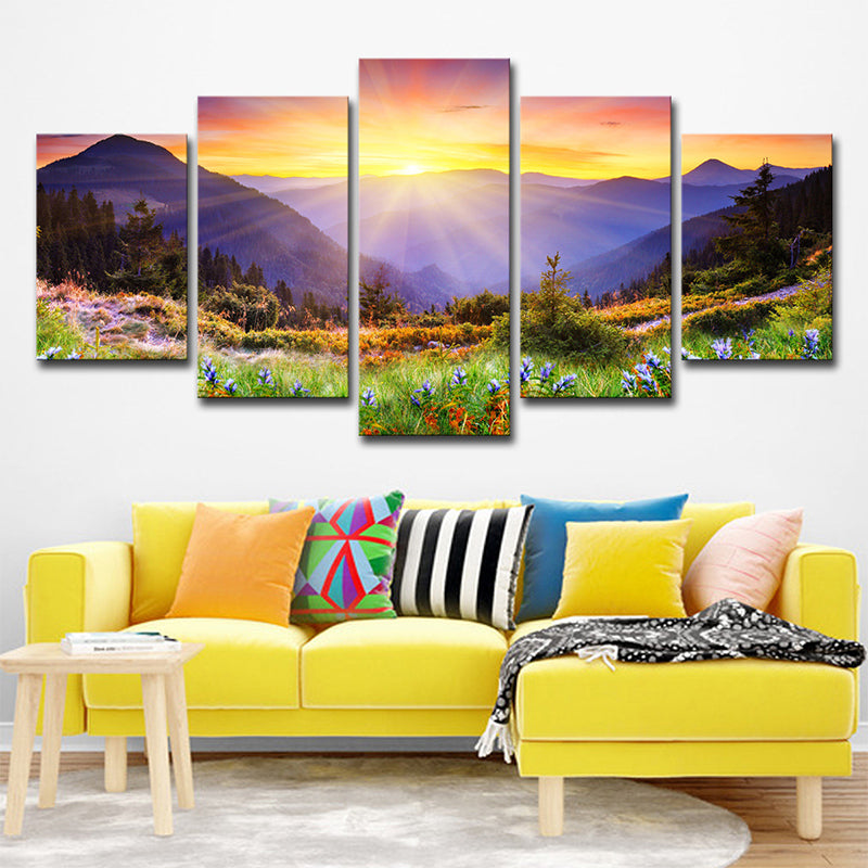 Country Blossom Flower Wall Decor Gold Sunburst Above Mountain Scenery Canvas Art