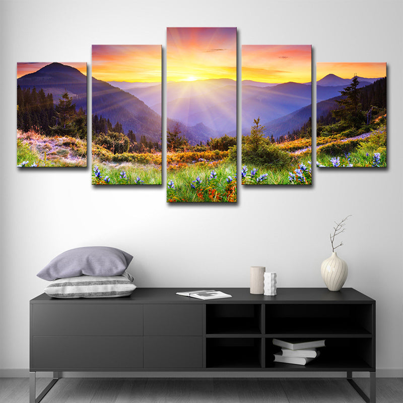 Country Blossom Flower Wall Decor Gold Sunburst Above Mountain Scenery Canvas Art