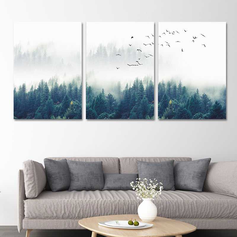 Textured Green Canvas Print Modern Bird Flocks Flying over Misty Forest Wall Art Set