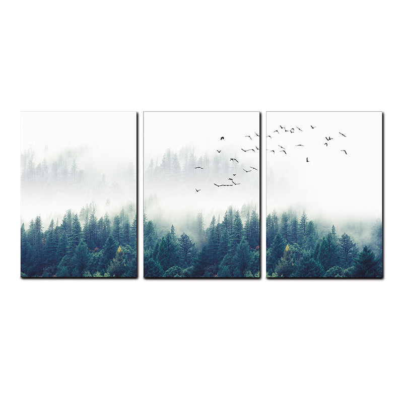 Textured Green Canvas Print Modern Bird Flocks Flying over Misty Forest Wall Art Set