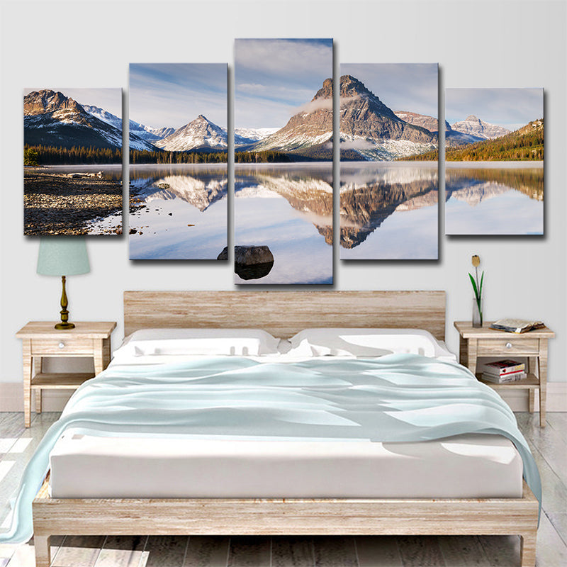 Tranquil Lake and Mountain Canvas Print Bedroom Nature Scenery Wall Art in Blue