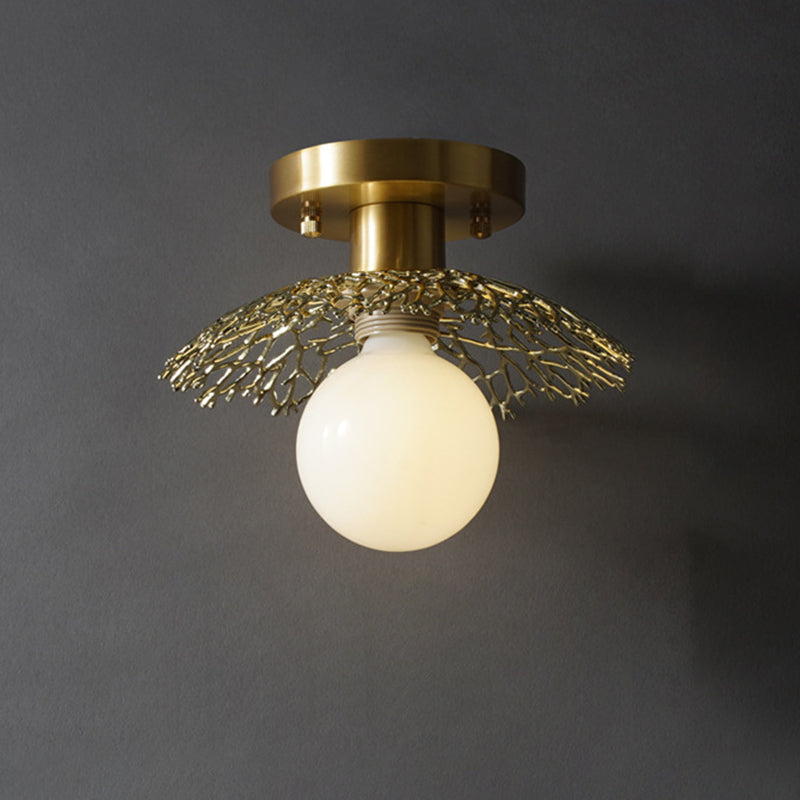 Cottage Cage Design Flush Lamp Single Head Metallic Semi Flush Ceiling Light in Brass