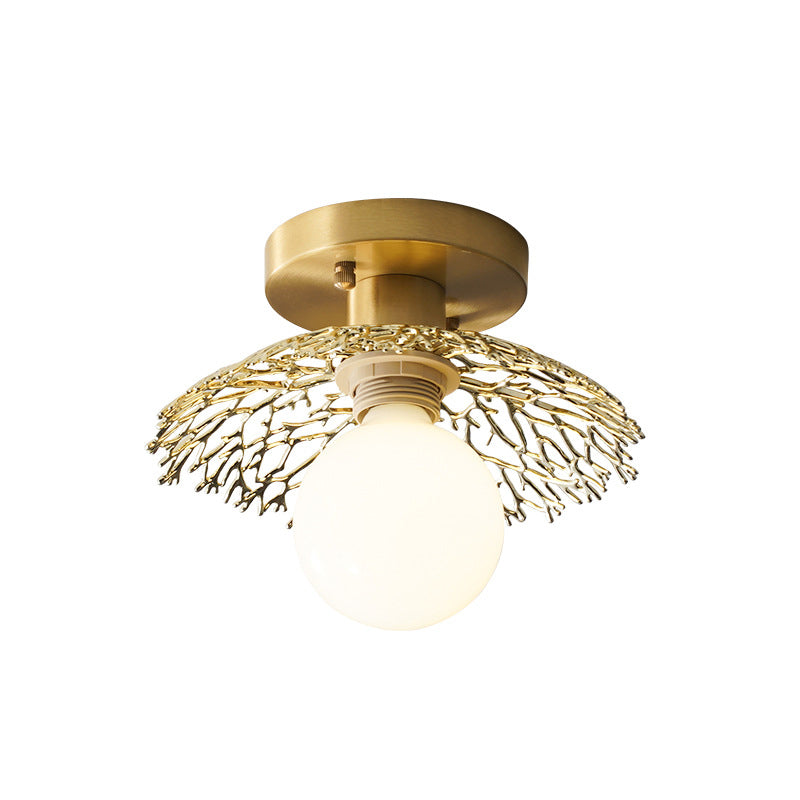 Cottage Cage Design Flush Lamp Single Head Metallic Semi Flush Ceiling Light in Brass