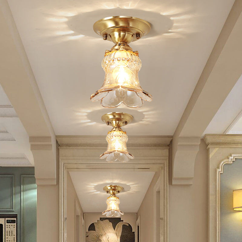 Amber Glass Brass Flush Mount Lamp Flower Single Light Retro Style Ceiling Fixture