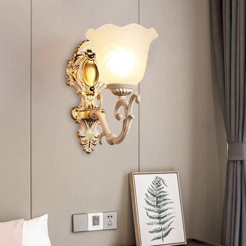 1 Light Bloom Sconce Lamp Vintage Brass/Beige Frosted Ribbed Glass Wall Mounted Lighting with Curvy Arm