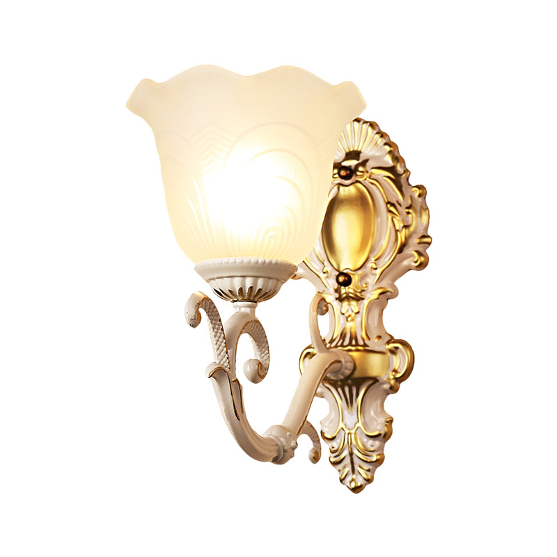 1 Light Bloom Sconce Lamp Vintage Brass/Beige Frosted Ribbed Glass Wall Mounted Lighting with Curvy Arm