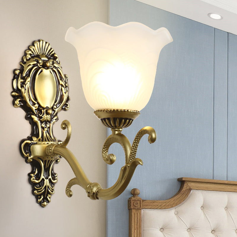 1 Light Bloom Sconce Lamp Vintage Brass/Beige Frosted Ribbed Glass Wall Mounted Lighting with Curvy Arm