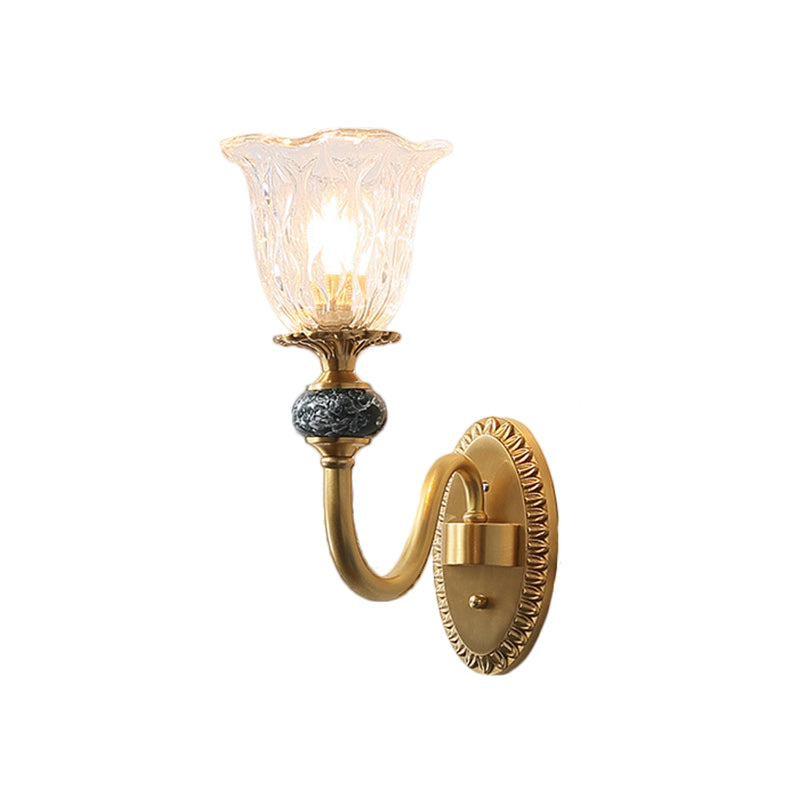 Floral Dining Room Wall Sconce Farmhouse Clear Ribbed Glass 6"/17" W 2 Lights Brass Wall Mounted Lighting