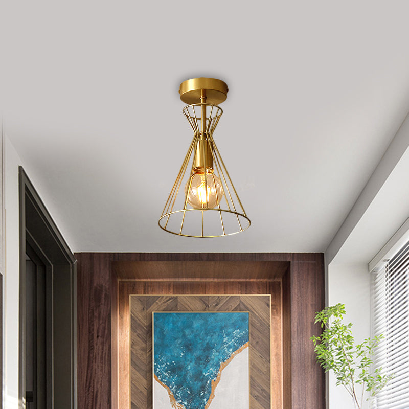 Messing 1-Head Semi Flush Retro-stijl Metallic Flared Frame Plafond Licht Profiel voor Stairway