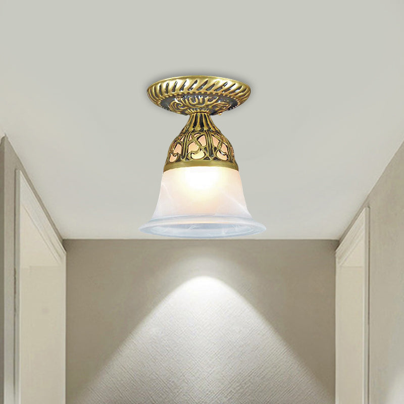 Bell Shape Hallway Flush Mount Lamp Farmhouse Frosted Glass 1-Head Brass Ceiling Light Fixture