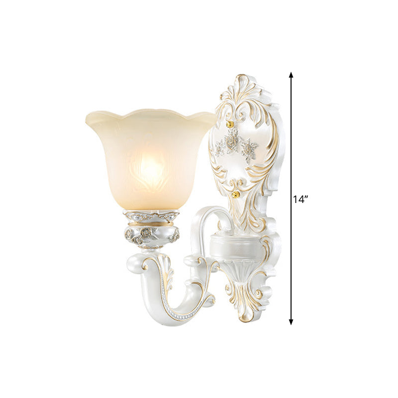 Cream Glass White Wall Light Floral 1/2-Head Cottage Wall Sconce Lighting with Swooping Arm