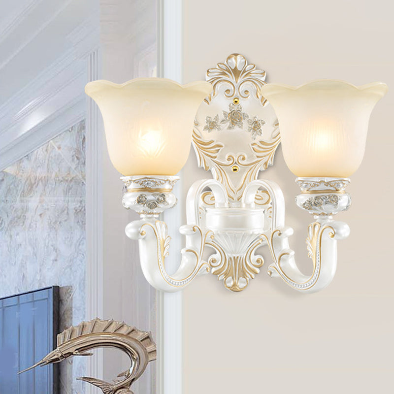 Cream Glass White Wall Light Floral 1/2-Head Cottage Wall Sconce Lighting with Swooping Arm