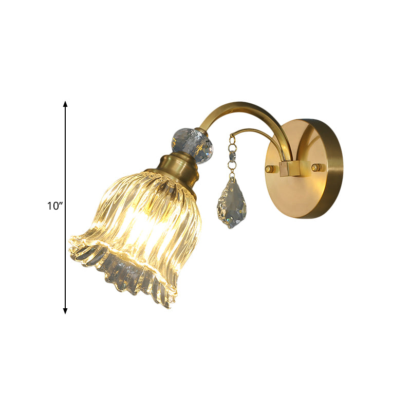 Magazijnbloemwandwandlicht 1-bulb helder geribbelde glazen wand gemonteerd lamp met kristallen druppel decor in messing