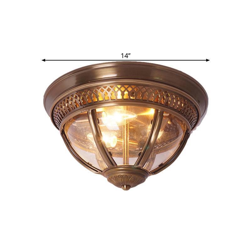 Antiqued Domed Semi Flush Lamp 1-Light Clear Glass Flush Mount Lighting with Pierced Trim Design in Brass/Brown