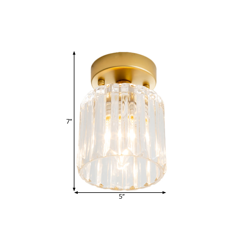 Farmhouse Cylindrical Ceiling Flush Single Head Clear Ridged Glass Flush Light Fixture in Brass