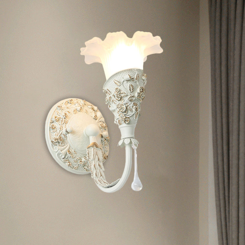 Blossom Bedroom Sconce Light Farmhouse Frosted Glass 1-Bulb Silver/Ivory Curved Arm Wall Mount Lamp with Crystal Drop Decor