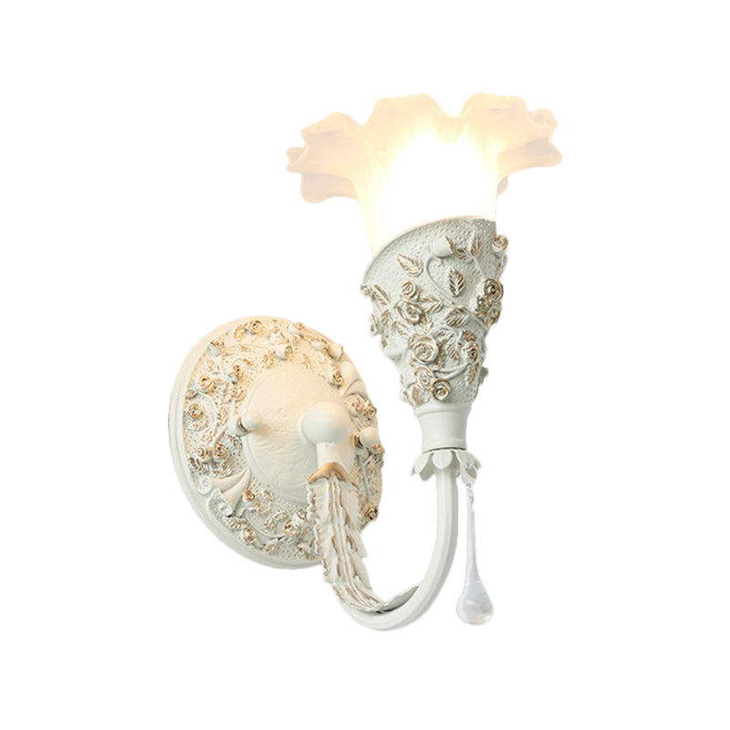 Blossom Bedroom Sconce Light Farmhouse Frosted Glass 1-Bulb Silver/Ivory Curved Arm Wall Mount Lamp with Crystal Drop Decor