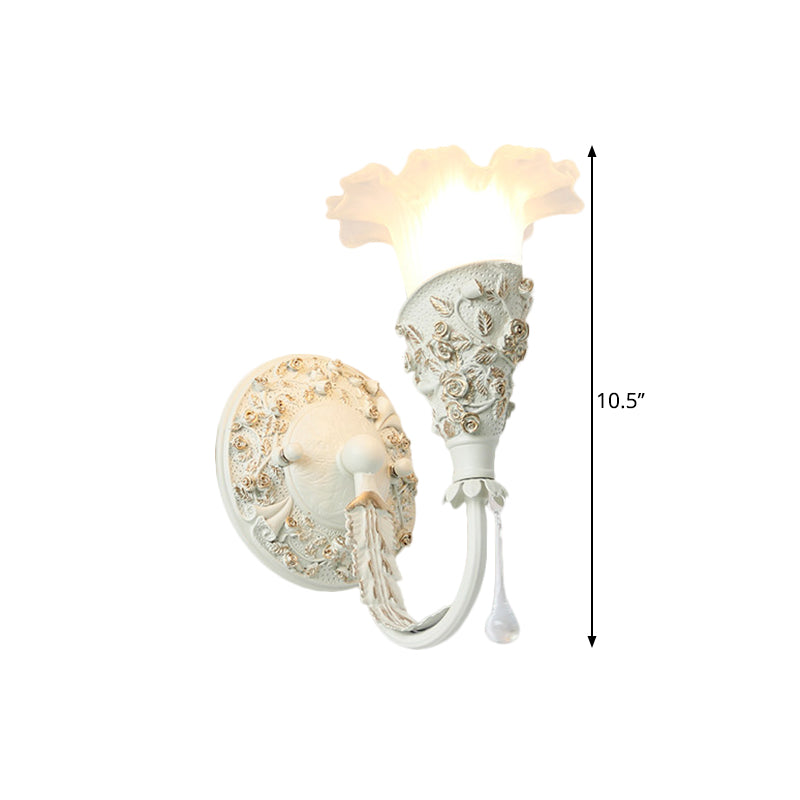 Blossom Bedroom Sconce Light Farmhouse Frosted Glass 1-Bulb Silver/Ivory Curved Arm Wall Mount Lamp with Crystal Drop Decor