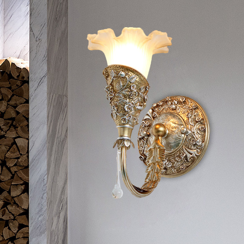 Blossom Bedroom Sconce Light Farmhouse Frosted Glass 1-Bulb Silver/Ivory Curved Arm Wall Mount Lamp with Crystal Drop Decor