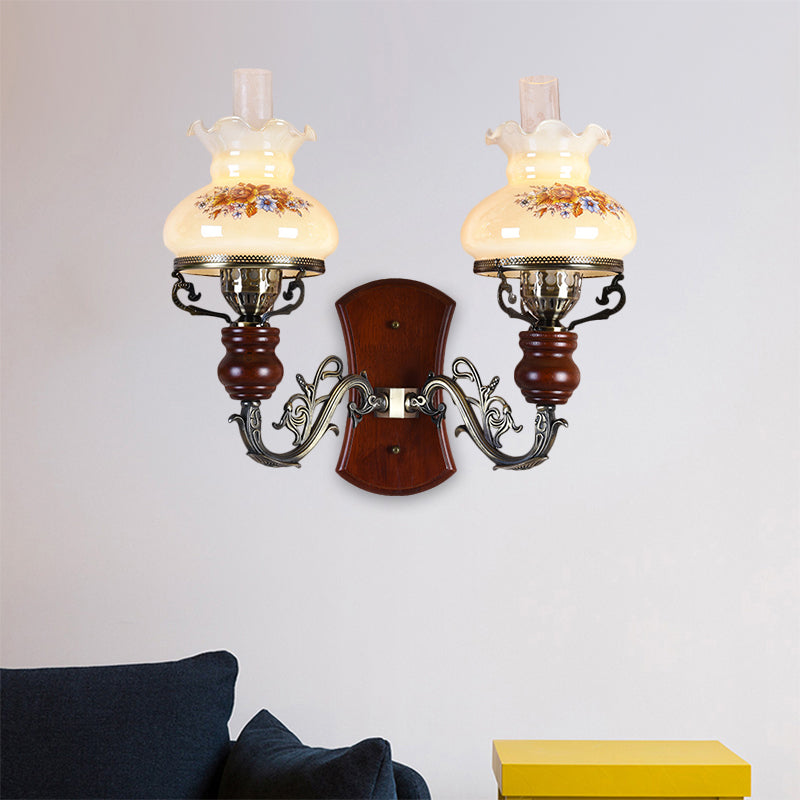 Brass 2 Bulbs Wall Sconce Light Traditional Opal Glass Purse-Like Wall Lighting Idea with Flower Pattern