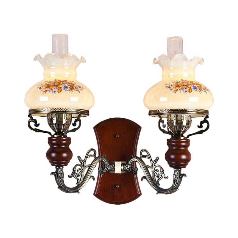 Brass 2 Bulbs Wall Sconce Light Traditional Opal Glass Purse-Like Wall Lighting Idea with Flower Pattern