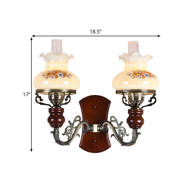Brass 2 Bulbs Wall Sconce Light Traditional Opal Glass Purse-Like Wall Lighting Idea with Flower Pattern