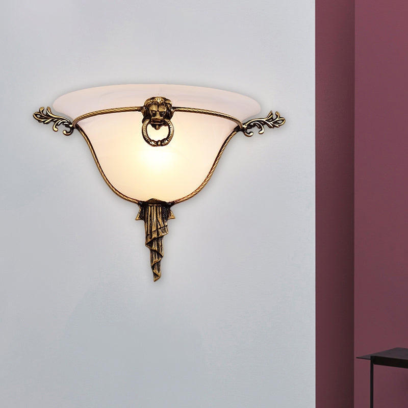 1-Head Domed Sconce Light Traditional Brass Frosted Glass Wall Mount Lighting for Corridor