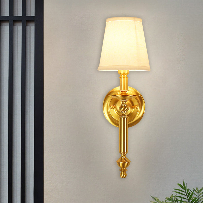 Tapered Bedroom Wall Lighting Country Fabric Single Light Brass Wall Mounted Lamp with Metallic Straight Arm