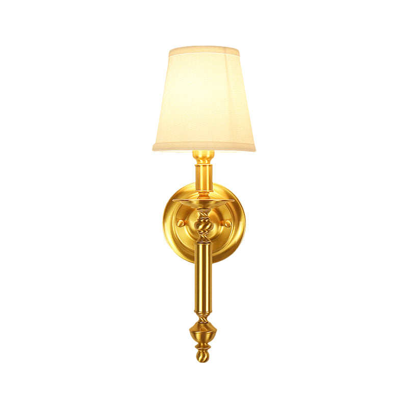 Tapered Bedroom Wall Lighting Country Fabric Single Light Brass Wall Mounted Lamp with Metallic Straight Arm