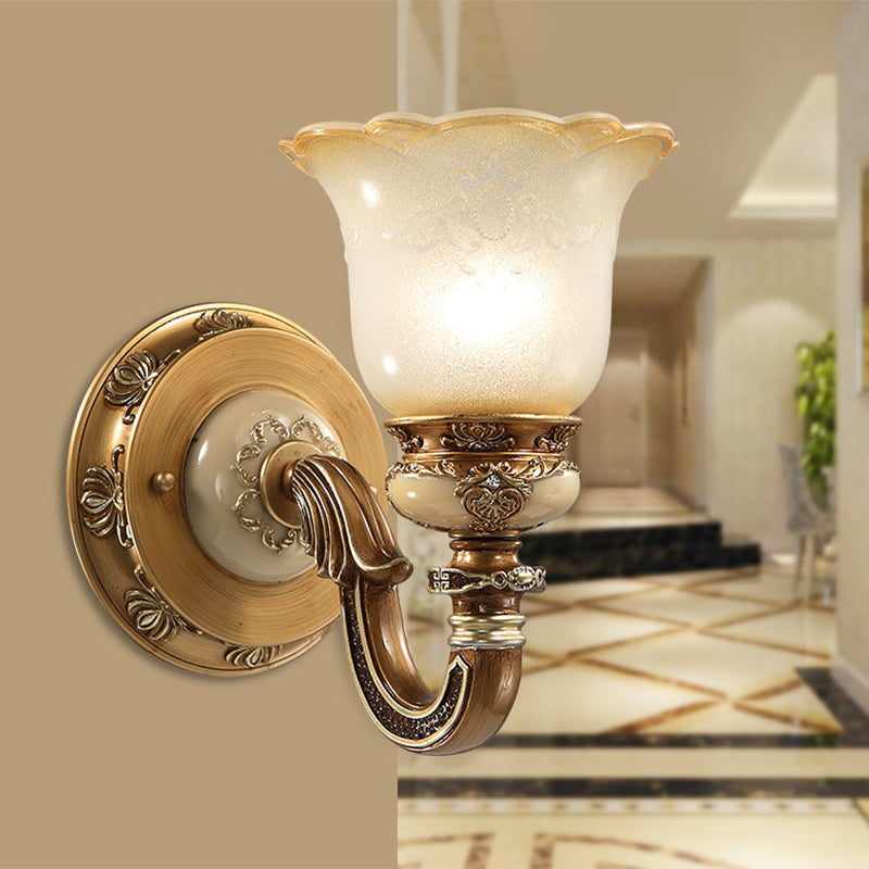 Flower Shape Bedroom Wall Sconce Rustic Milky Glass 1/2-Head Brown Swooping Arm Wall Mounted Light Fixture