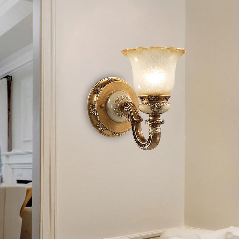 Flower Shape Bedroom Wall Sconce Rustic Milky Glass 1/2-Head Brown Swooping Arm Wall Mounted Light Fixture