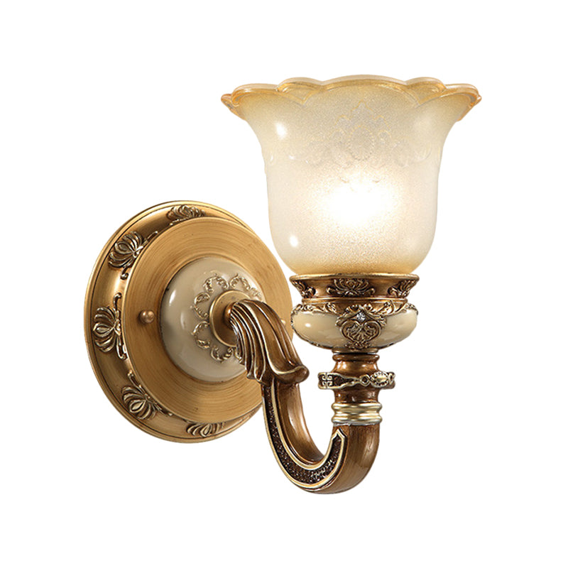 Flower Shape Bedroom Wall Sconce Rustic Milky Glass 1/2-Head Brown Swooping Arm Wall Mounted Light Fixture