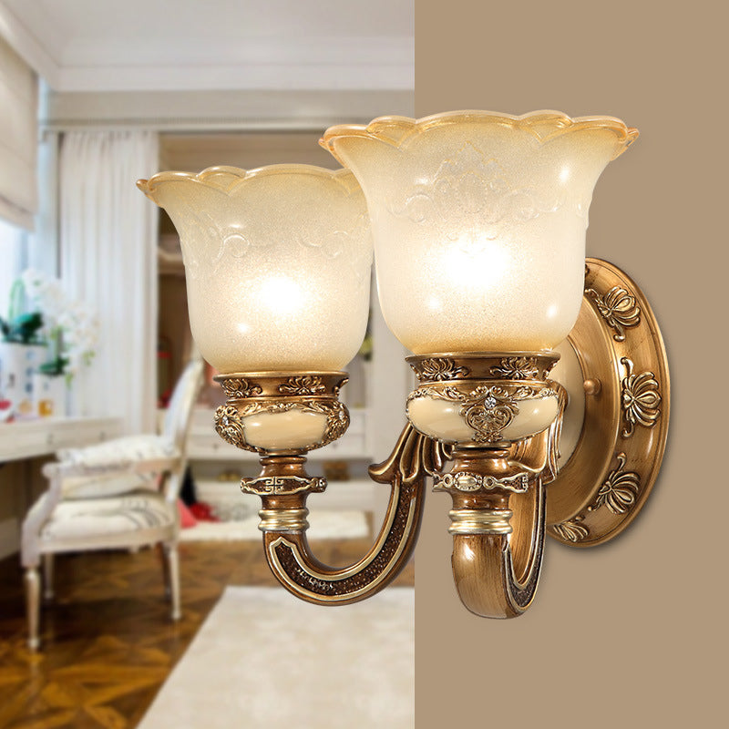 Flower Shape Bedroom Wall Sconce Rustic Milky Glass 1/2-Head Brown Swooping Arm Wall Mounted Light Fixture