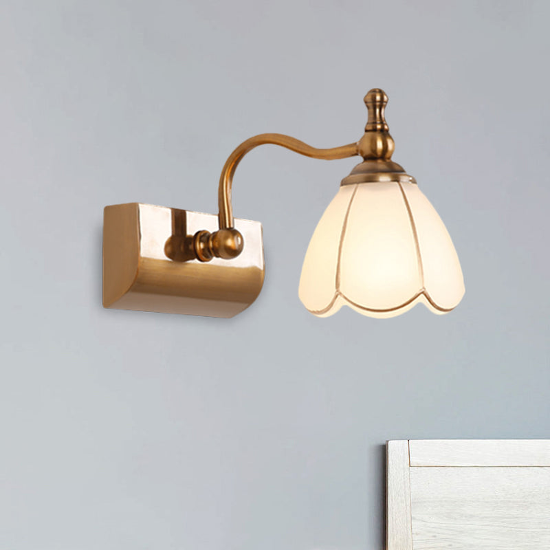White Glass Brass Vanity Lamp Scalloped 1/2-Light Rustic Style Wall Mounted Lighting with Curved Arm