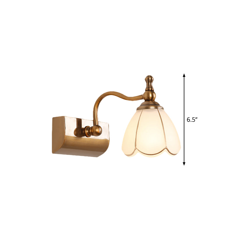 White Glass Brass Vanity Lamp Scalloped 1/2-Light Rustic Style Wall Mounted Lighting with Curved Arm
