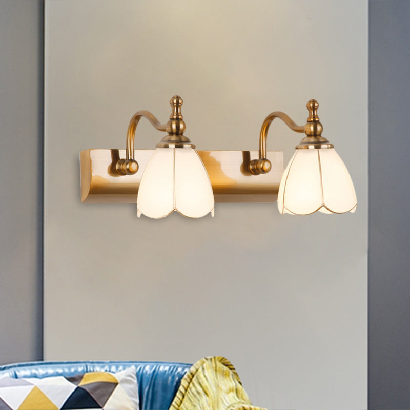 White Glass Brass Vanity Lamp Scalloped 1/2-Light Rustic Style Wall Mounted Lighting with Curved Arm
