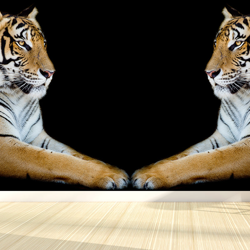 Contemporary Tiger Twins Wall Mural Black Decorative Wall Covering for Living Room