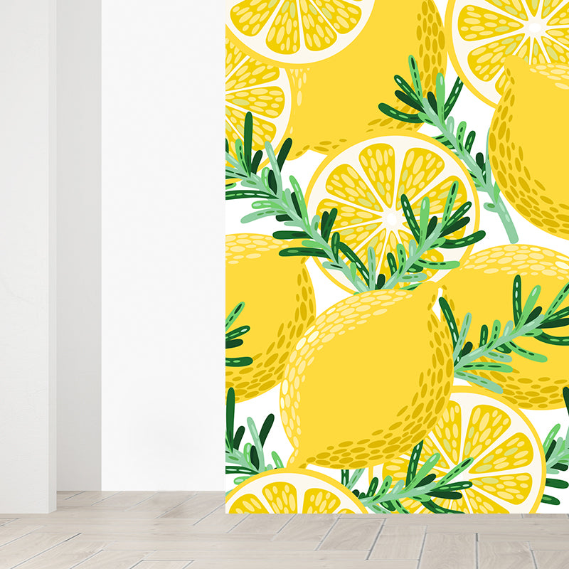 Non-Woven Decorative Wall Mural Modern Lemons and Leaves Wall Covering for Bathroom