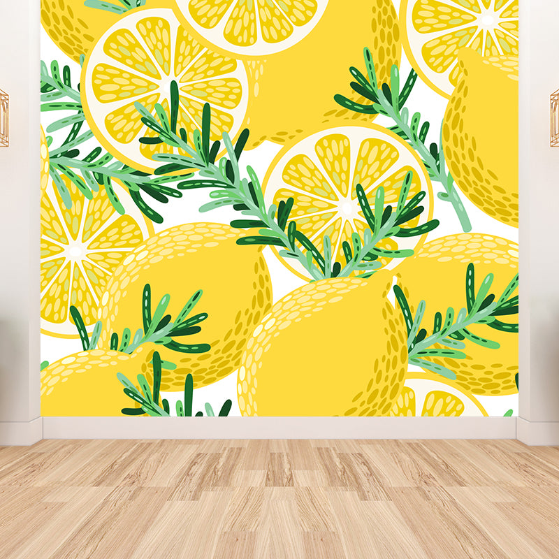 Non-Woven Decorative Wall Mural Modern Lemons and Leaves Wall Covering for Bathroom